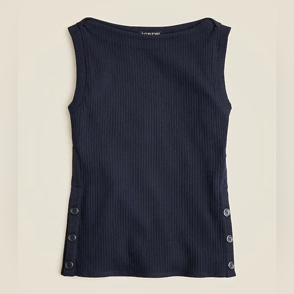 J. Crew Premium Rib Side Button Top Nautical Navy Stretch Preppy Boat Neck M - Picture 1 of 10